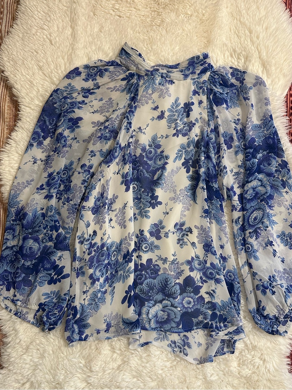 Maeve Anthropologie Blue Floral Sheer Tunic Blouse Open Back Tie Small - Picture 9 of 16